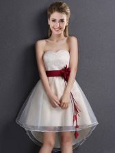 Excellent Sleeveless Lace Up High Low Lace and Hand Made Flower Quinceanera Dama Dress