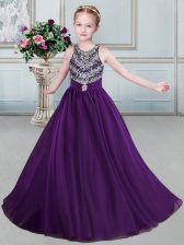  Purple Organza Backless Scoop Sleeveless Floor Length Girls Pageant Dresses Beading and Belt