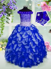  Off the Shoulder Royal Blue Ball Gowns Beading and Hand Made Flower Little Girls Pageant Dress Wholesale Lace Up Organza Sleeveless Floor Length