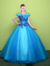  Scoop Short Sleeves Tulle Floor Length Lace Up 15th Birthday Dress in Baby Blue with Appliques