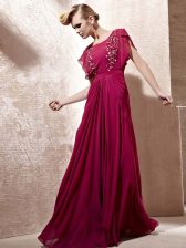 High Quality Scoop Floor Length Zipper Prom Party Dress Fuchsia for Prom and Party with Beading
