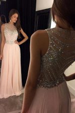 Best Scoop Beading Prom Evening Gown Pink Criss Cross Sleeveless Sweep Train