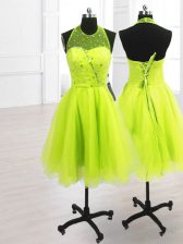 Noble Yellow Green Organza Lace Up Evening Dress Sleeveless Knee Length Sequins