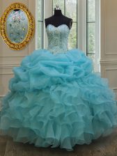 Clearance Baby Blue Sleeveless Floor Length Beading and Pick Ups Lace Up 15th Birthday Dress