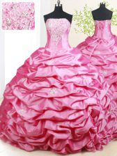  Hot Pink Sweet 16 Dresses Military Ball and Sweet 16 and Quinceanera with Beading and Pick Ups Strapless Sleeveless Brush Train Lace Up