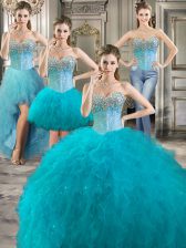 Captivating Four Piece Sleeveless Floor Length Beading and Ruffles Lace Up Quinceanera Dresses with Aqua Blue