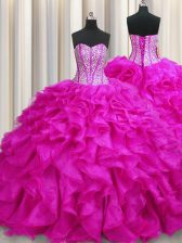 Flare Visible Boning Sleeveless Organza Brush Train Lace Up Vestidos de Quinceanera in Fuchsia with Beading and Ruffles