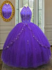  Ball Gowns Quinceanera Dress Purple High-neck Tulle Sleeveless Floor Length Lace Up
