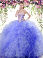 On Sale Blue Tulle Lace Up Quinceanera Dress Sleeveless Floor Length Beading and Ruffles
