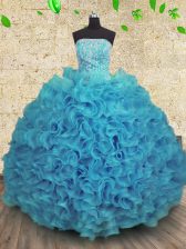  Aqua Blue Organza Lace Up 15 Quinceanera Dress Sleeveless Floor Length Beading and Ruffles