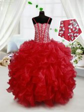 Nice Floor Length Red Little Girls Pageant Dress Wholesale Organza Sleeveless Beading and Ruffles