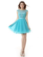 Enchanting Aqua Blue Sleeveless Beading Knee Length Prom Dress