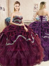  Floor Length Lace Up Sweet 16 Dress Burgundy and Purple for Military Ball and Sweet 16 and Quinceanera with Beading and Ruffled Layers and Pick Ups