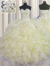  Light Yellow Sleeveless Organza Lace Up Quinceanera Gown for Military Ball and Sweet 16