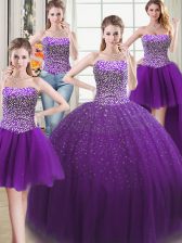 Exceptional Four Piece Purple Lace Up Sweet 16 Dresses Beading Sleeveless Floor Length