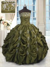 Spectacular Floor Length Olive Green Ball Gown Prom Dress Taffeta Sleeveless Beading and Appliques and Embroidery and Pick Ups