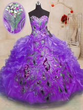 Colorful Purple Ball Gowns Beading and Appliques and Ruffles Vestidos de Quinceanera Zipper Organza Sleeveless Floor Length