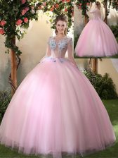  Scoop Baby Pink Lace Up Sweet 16 Dresses Appliques Long Sleeves Floor Length
