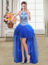 Lovely Pick Ups Ball Gowns Royal Blue Halter Top Tulle Sleeveless High Low Lace Up