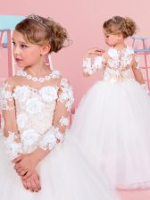  Scoop Long Sleeves Tulle Floor Length Clasp Handle Flower Girl Dresses in White with Lace and Appliques
