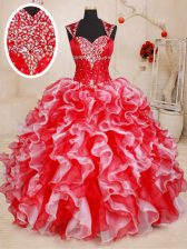  Straps Sleeveless Quinceanera Dresses Floor Length Beading and Ruffles White and Red Organza
