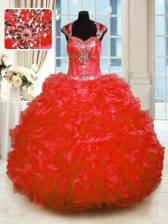 Clearance Red Organza Lace Up Straps Cap Sleeves Floor Length Vestidos de Quinceanera Beading and Ruffles