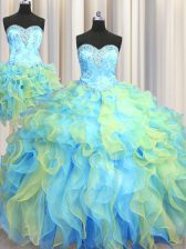 Colorful Three Piece Multi-color Ball Gowns Beading and Appliques and Ruffles Ball Gown Prom Dress Lace Up Organza Sleeveless Floor Length