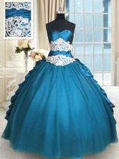 Flare Teal Sweetheart Lace Up Beading and Lace and Appliques and Ruching Quinceanera Dress Sleeveless