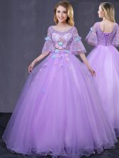 Custom Design Scoop Half Sleeves Tulle Sweet 16 Dress Lace and Appliques Lace Up