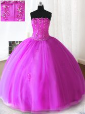 High Class Fuchsia Lace Up Quinceanera Dresses Beading and Appliques Sleeveless Floor Length