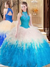 Stylish Multi-color Tulle Backless Quinceanera Dress Sleeveless Floor Length Lace and Appliques and Ruffles