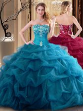  Teal Sweet 16 Dress Military Ball and Sweet 16 and Quinceanera with Embroidery and Ruffles Sweetheart Sleeveless Lace Up