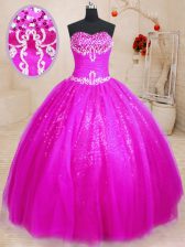 High Quality Fuchsia Tulle and Sequined Lace Up Vestidos de Quinceanera Sleeveless Floor Length Beading