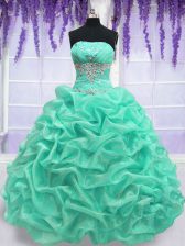  Organza Strapless Sleeveless Lace Up Beading 15 Quinceanera Dress in Turquoise