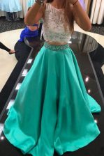  Turquoise Zipper Scoop Beading and Lace Evening Dress Satin Sleeveless