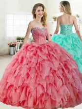 Flirting Sweetheart Sleeveless Lace Up Quince Ball Gowns Watermelon Red and Coral Red Organza