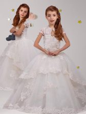 Cute White Flower Girl Dresses for Less Party and Quinceanera and Wedding Party with Lace Scoop Short Sleeves Brush Train Backless