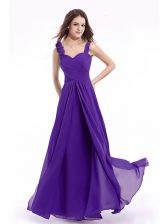  Straps Floor Length Purple Prom Dress Chiffon Sleeveless Hand Made Flower