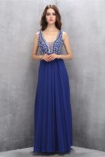 Flare Blue Empire V-neck Sleeveless Chiffon Floor Length Zipper Beading and Belt Prom Dress