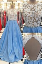 Superior Scoop Blue Backless Prom Gown Beading and Lace Cap Sleeves Sweep Train