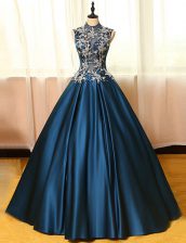 Exceptional Sleeveless Satin Floor Length Backless Prom Evening Gown in Navy Blue with Appliques