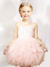  Scoop Sleeveless Flower Girl Dresses for Less Mini Length Appliques and Ruffles Baby Pink Tulle