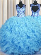  V Neck Floor Length Baby Blue Quinceanera Dress Organza Sleeveless Beading and Appliques and Ruffles