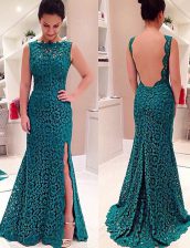  Mermaid Prom Dresses Teal Scalloped Lace Sleeveless Floor Length Backless