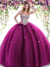  Fuchsia Lace Up 15th Birthday Dress Beading Sleeveless Floor Length
