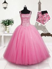 Glorious Sequins Ball Gowns Little Girls Pageant Gowns Baby Pink Straps Tulle Sleeveless Floor Length Lace Up