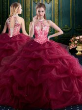 Modern Pick Ups Ball Gowns Quince Ball Gowns Wine Red Halter Top Tulle Sleeveless Floor Length Lace Up