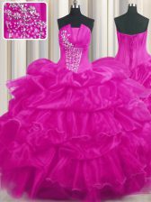 Luxury Pick Ups Ruffled Floor Length Hot Pink and Fuchsia Sweet 16 Dresses Strapless Sleeveless Lace Up