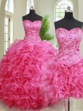 Designer Three Piece Hot Pink Ball Gowns Sweetheart Sleeveless Organza Floor Length Lace Up Beading and Ruffles Quinceanera Dress