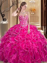  Sweetheart Sleeveless 15th Birthday Dress Floor Length Embroidery and Ruffles Fuchsia Organza